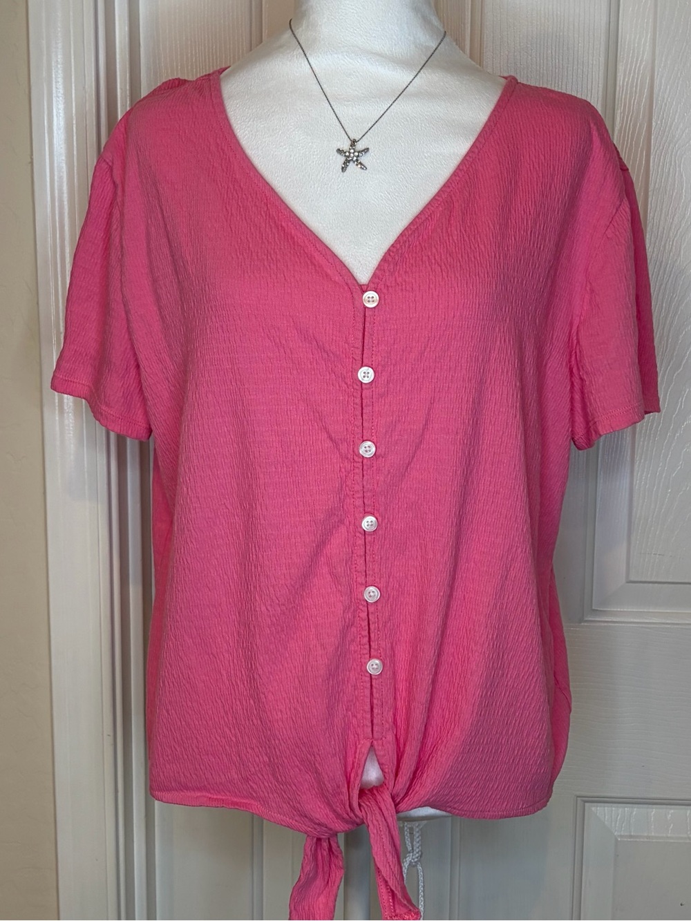 Talbots Hot Pink Button-Front Tie-Hem Blouse